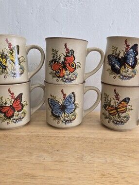 Set Of 6 Vintage Viking Stoneware Butterfly Coffee Mugs